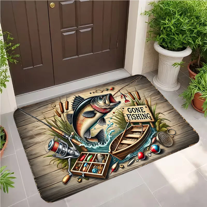 Colorful Gone Fishing Doormat, Vintage Fisherman Outdoor Courtyard Non Slip Mat, Washable Entrance Bathroom Kitchen Rug