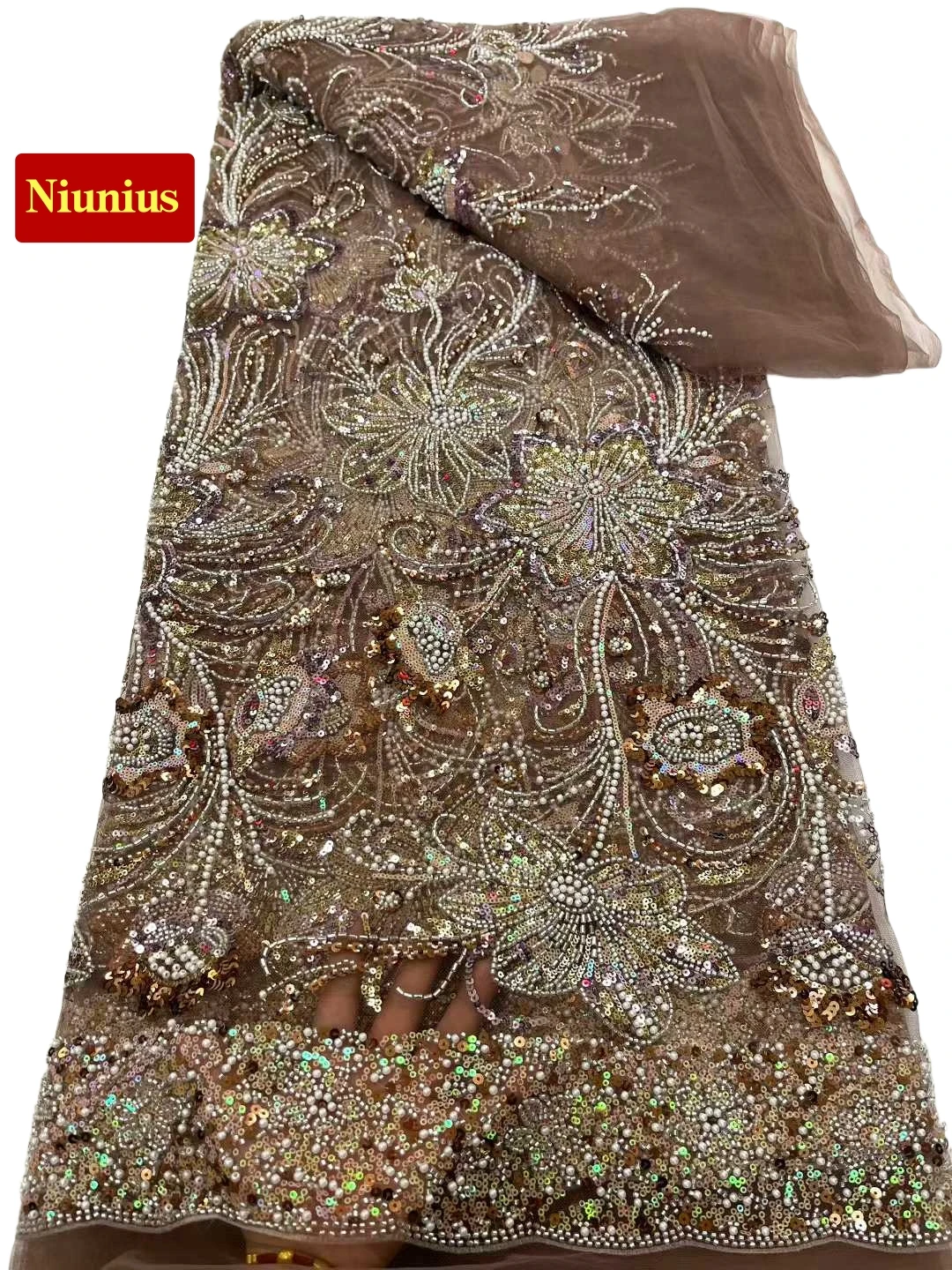 

2026Luxurious Soft Beaded Lace Fabric with Stones Elegant Mixed colors High-Quality Tube Lace for Wedding&Evening Dress NN8253_R