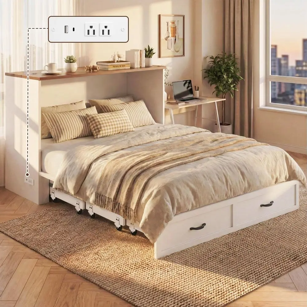 

Queen Murphy Bed Frame with Charging Station, Freestanding Cabinet Murphy Bed with FoldDown Panel amp Reinforced Support, Space