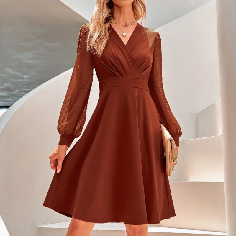 Fashion Commute Solid Color V-Neck Female Elegant Dress Autumn Office Lady Mesh Long Sleeve Folds Knee Dresses Women's Clothing