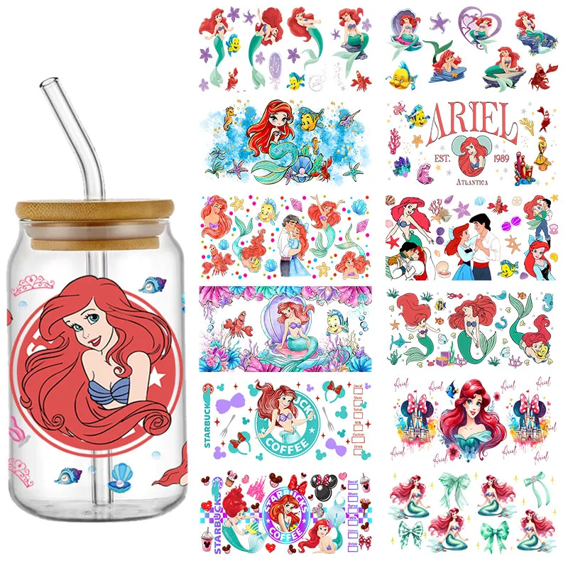 Ariel Mermaid Princess 16oz UV DTF Cup Wrap Cartoon Libbey Glass Can Tumbler Transfer Stickers Waterproof Permanent Adhesive