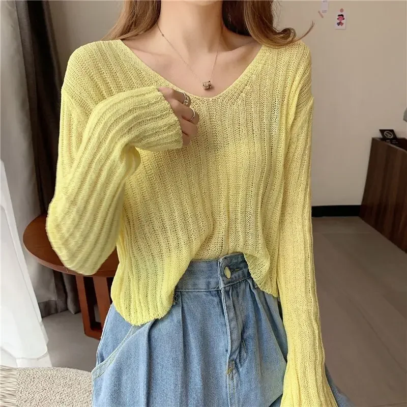 

Розовые пуловеры женские летние яркие цвета сладкий стиль с v-образным вырезом дизайн мягкие дышащие однотонные уютные солнцезащитные модные новые корейские стили