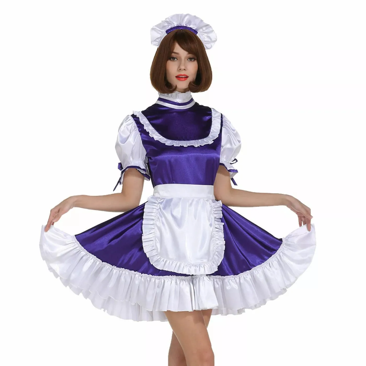 

Sexy sissy French maid purple satin short sleeved lockable ruffle edge dress maid cosplay costume customizable