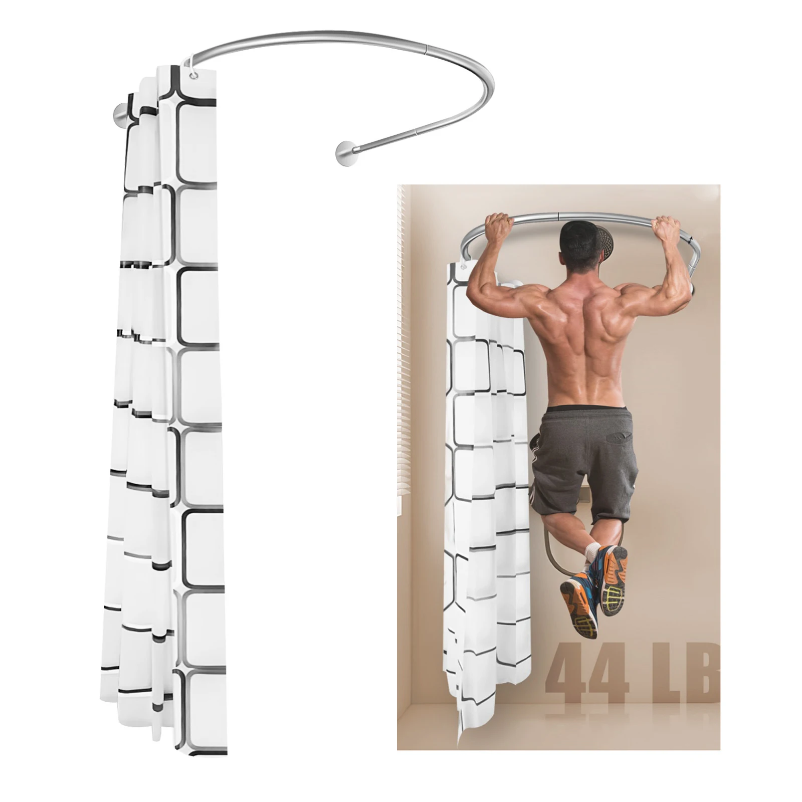 No Drilling Shower Curtain Rod L Shape with Curtain, Adjustable Rustproof Rail 0.9-1.3m/ 2.95-4.27ft, Stainless Steel