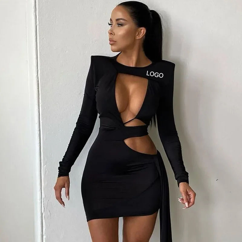 

Custom Sexy Solid Crew Neck Hollow Out Bodycon Dress Spring black Casual Long Sleeves Mini Night Club Evening women Dress