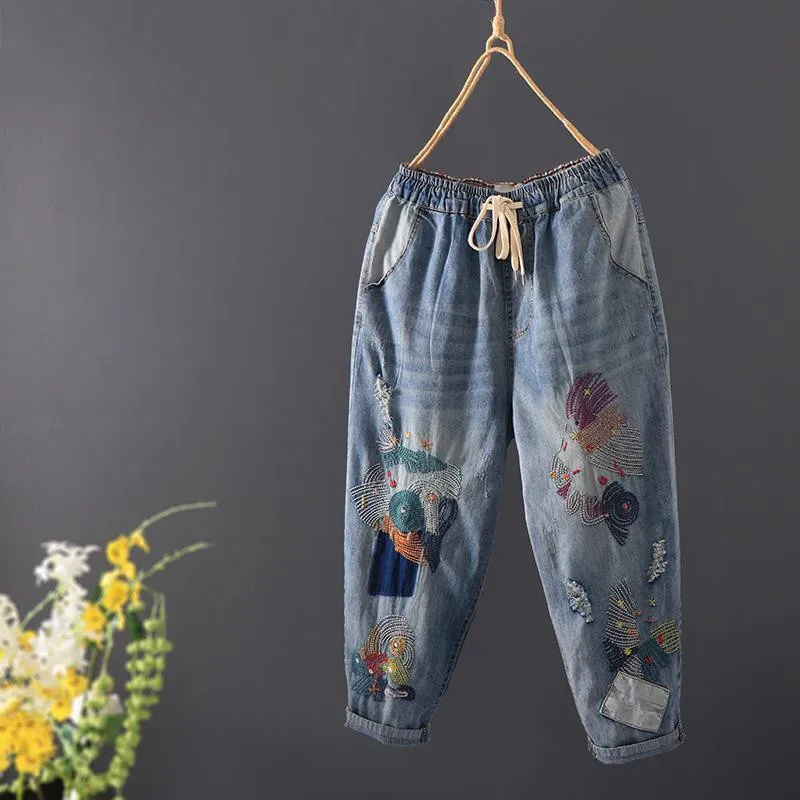 

2023 Summer New Arts Style Women Elastic Waist Loose Cotton Denim Calf-length Pants Vintage Embroidery Vintage jeans P551