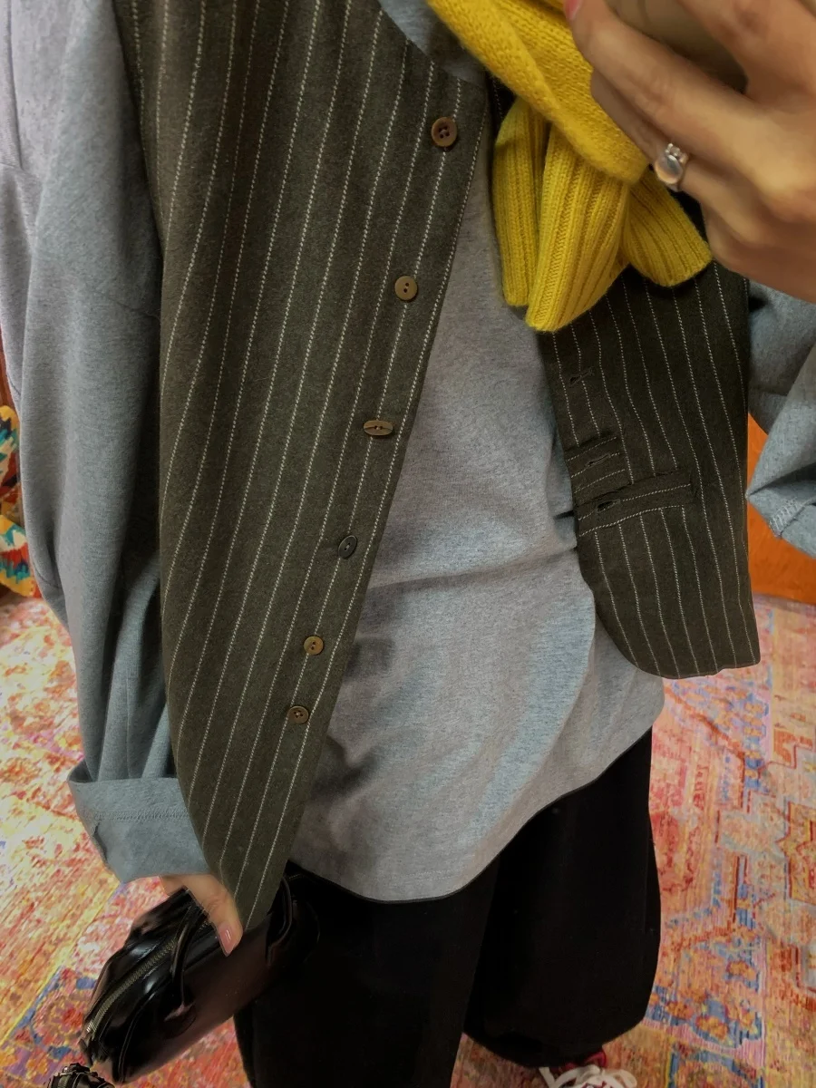 

Ретро-жилет в полоску из хлопка, верхняя одежда, женский кардиган из смесовой шерстяной ткани, художественный модный дизайн, внутренняя одежда, на одной пуговице