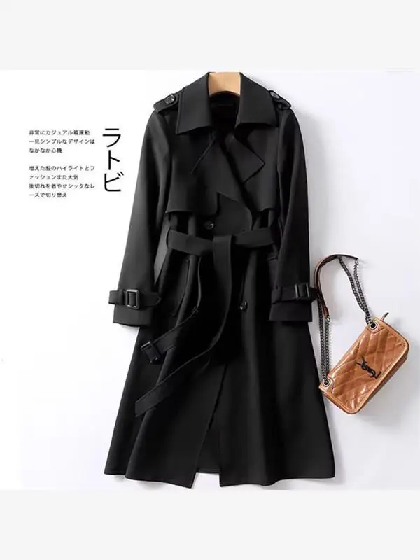 plus Size Knee-Length Women's Coat Black Long Sleeve Autumn Winter New Style Korean British Fashion Outerwear Polyester Fiber