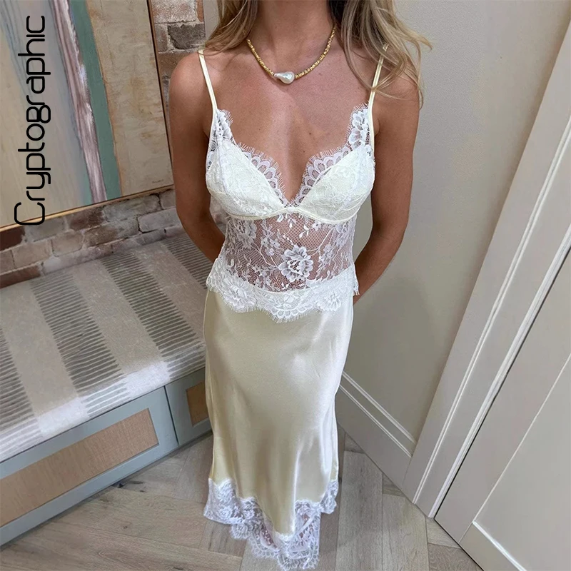 

Cryptographic Lace Patchwork Sling Dress Women Backless See Through V-neck Slim Satin Maxi Vestidos 2026 Lady Vacation Robe