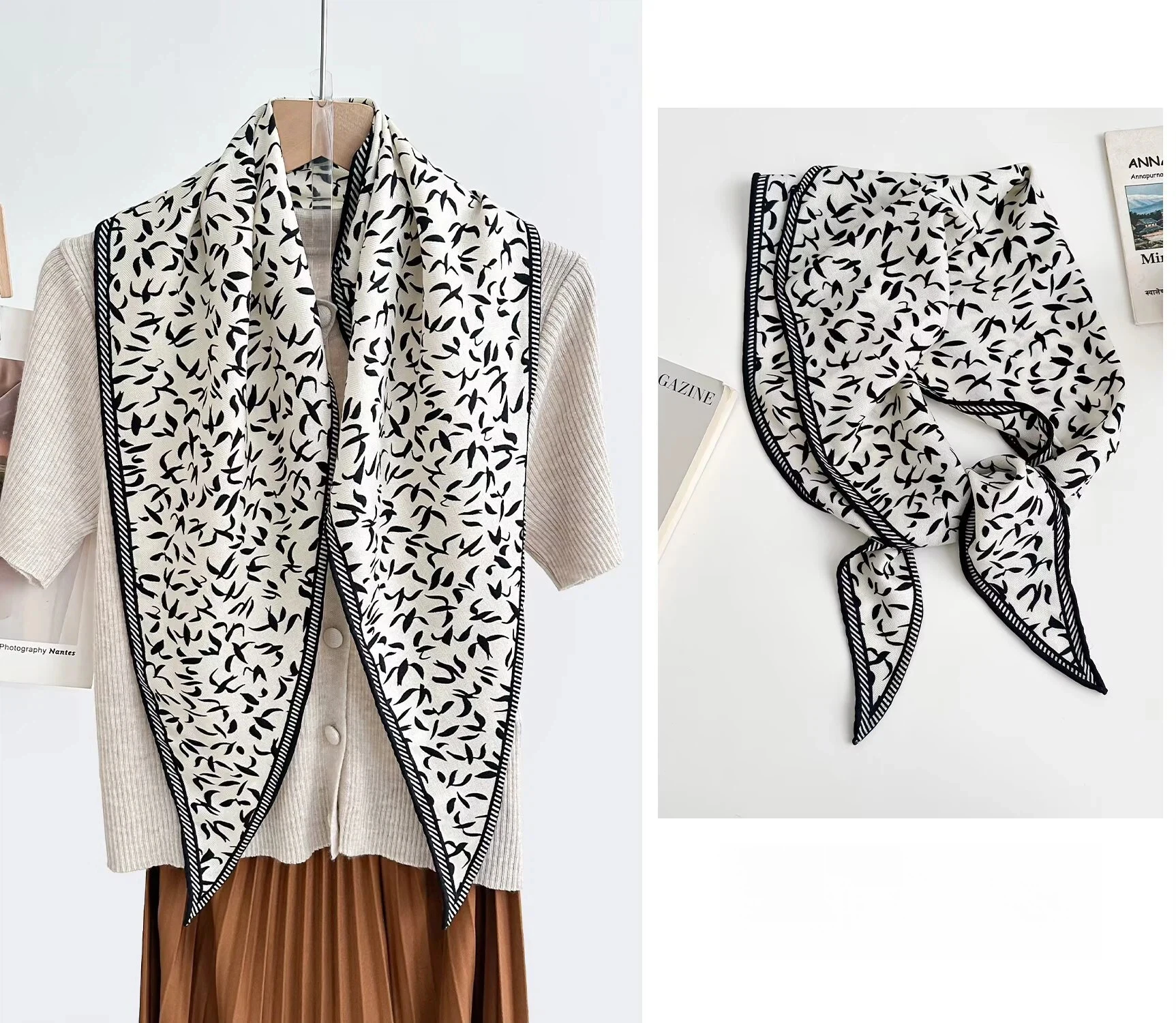 

30% Silk 70% Wool Triangle Scarf for Women Luxury Brand Bird Print Wool Silk Scarf Neck Warmer Elegant Womens Shawl