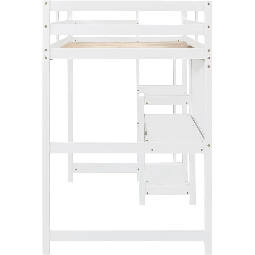 Двуспальная деревянная кровать-чердак со столом и доской для письма, 3 полки для хранения вещей под кроватью, коробка не требуется, пружина, полная сборка