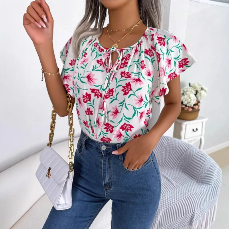 

﻿ Summer 2025 Casual loose ruffled lace up chiffon shirt top Crew Neck Short Sleeve Floral Print Drawstring Blouse For Women ﻿