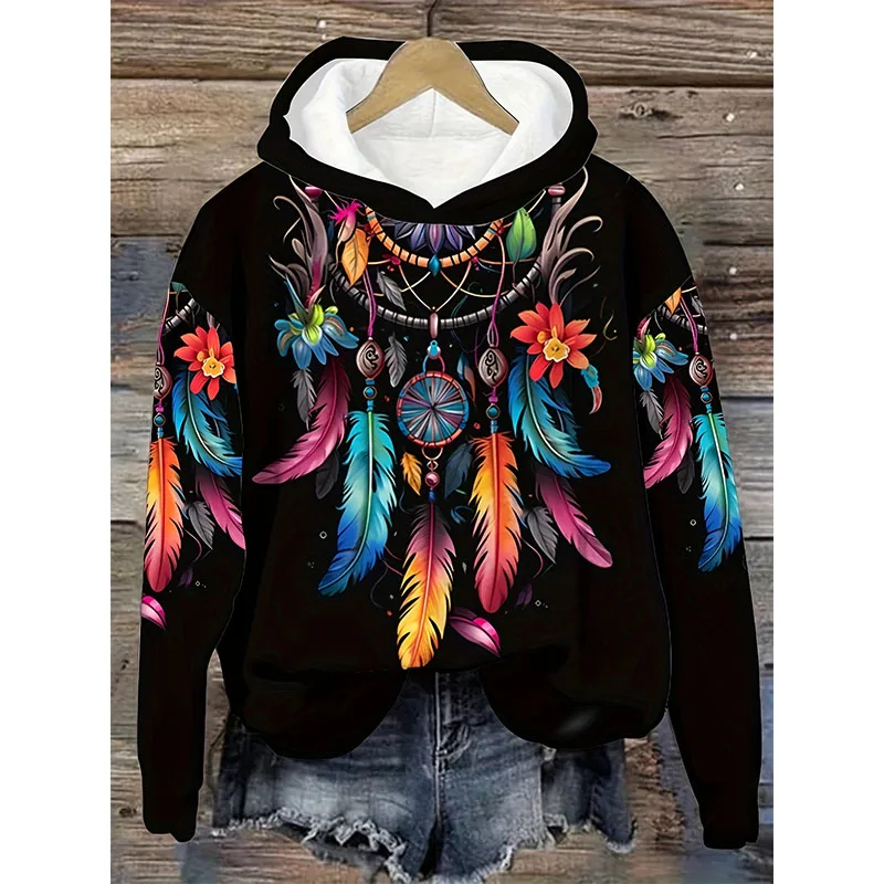 Pena dreamcatcher impressão 3d hoodies feminino casual moletom com capuz streetwear y2k pulôver harajuku agasalho roupas femininas