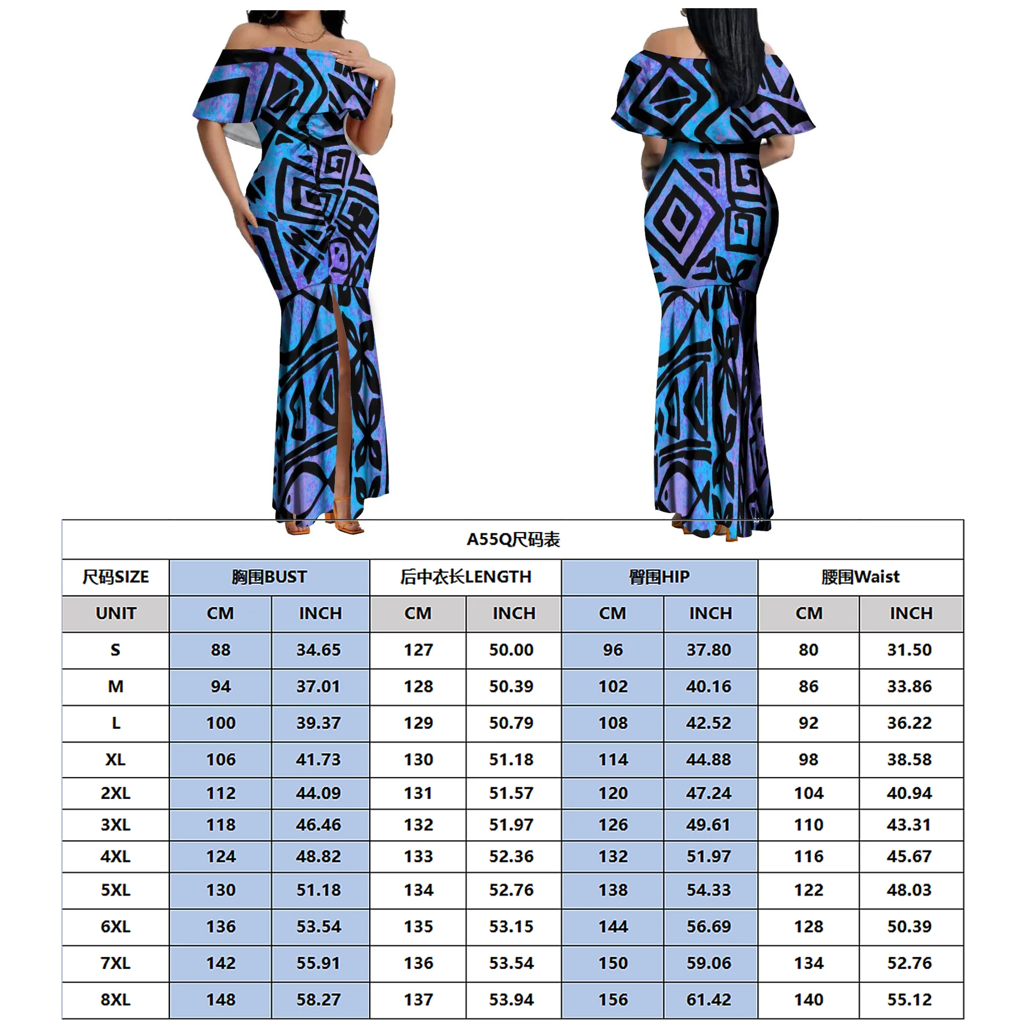 Island Couple Set Hawaiian Party Ladies Off-The-Shoulder Tuxedo Party Sexy Dress And Men\'S Shirt Polynesian Tribal Design