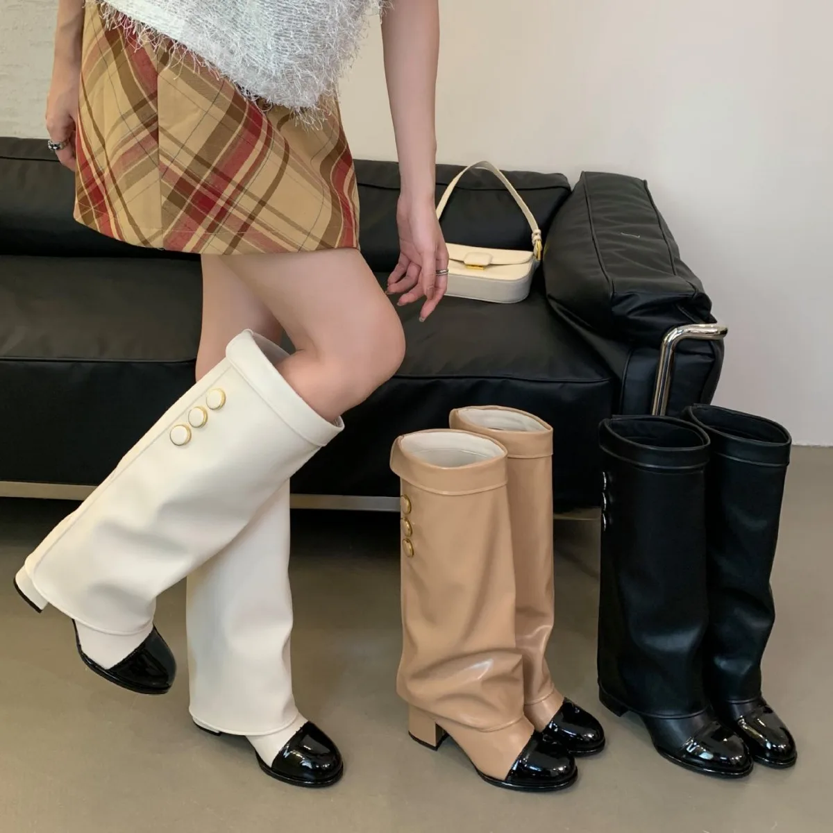 

Knee-High Pant Leg Long Boots For Women Round Toe Patchwork Color Patent Leather Botas Largas De Mujer High Heel Fragrance Style