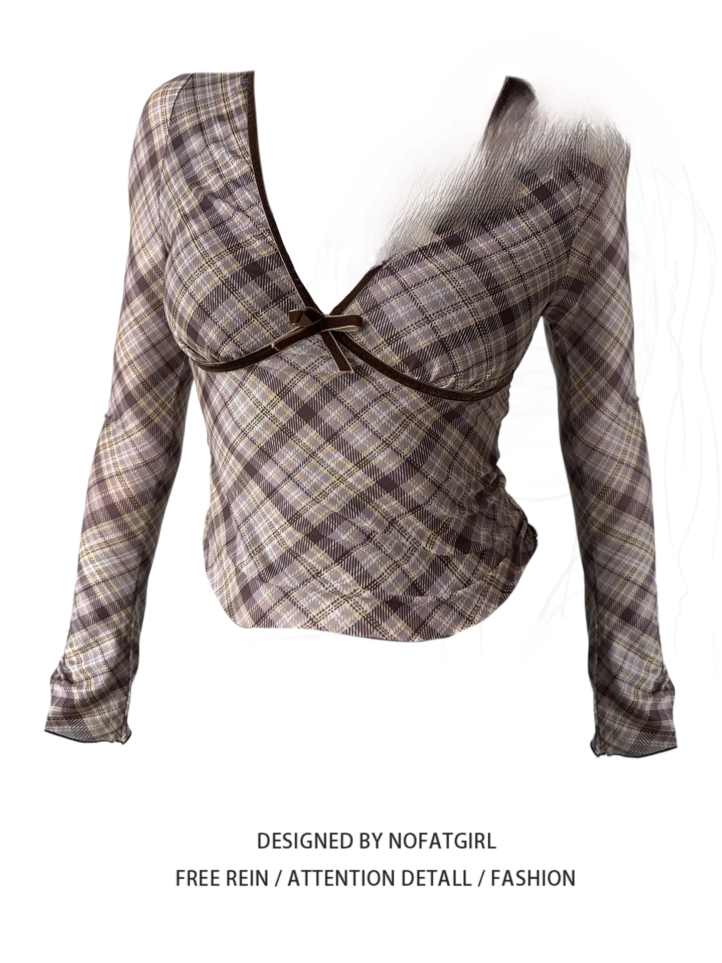 

plus Size Women's Slim Fit Long Sve T-irt American Retro Plaid Base Layer Inner Wear Top for Autumn V-Ne ort Length