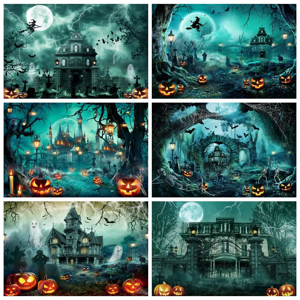 

Holloween Backdrop Castle Full Moon Ghost Witch Grave Bat Pumpkin Lantern Adult Kid Portrait Photography Background Decor Banner