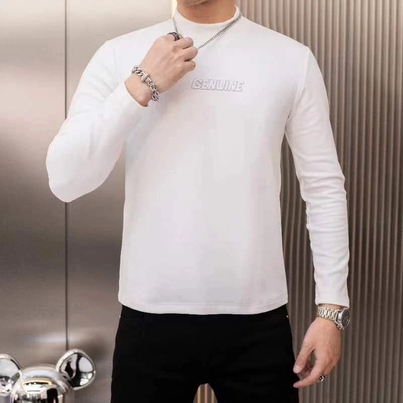 Autumn Winter Velvet Keep Warm T-shirts Men's Sweatshirts Letter Print Slim Casual Tee Half High Collar Pullover Bottoming Shirt