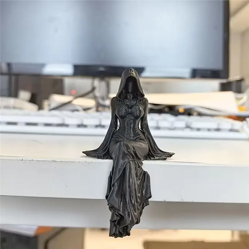 AA73 Lady Reaper-Home Decoration-Ethereal Hooded Figure Sculpture, Mysterious Statue Bookshelf Sitting Halloween Decor