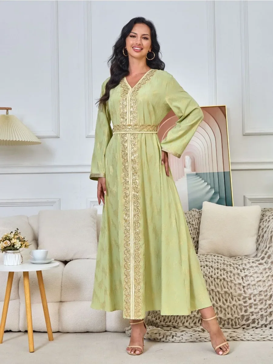 Eid Dress Women Muslim PartyRamadan Abaya Long Dress Belt Morocco Kaftan Lace-up Vestidos Largos Dubai Turkey Robe Jalabiya 2024