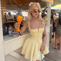 Mingmingxi-vestido amarillo de corte A para mujer, ropa de fiesta Sexy, ahuecada, elegante, con cordones, para vacaciones, verano, 2024