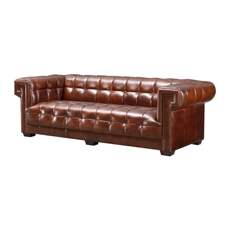 

Oil wax sofa, living room straight-breasted buckle mix and match wind, office business leather wind solid wood