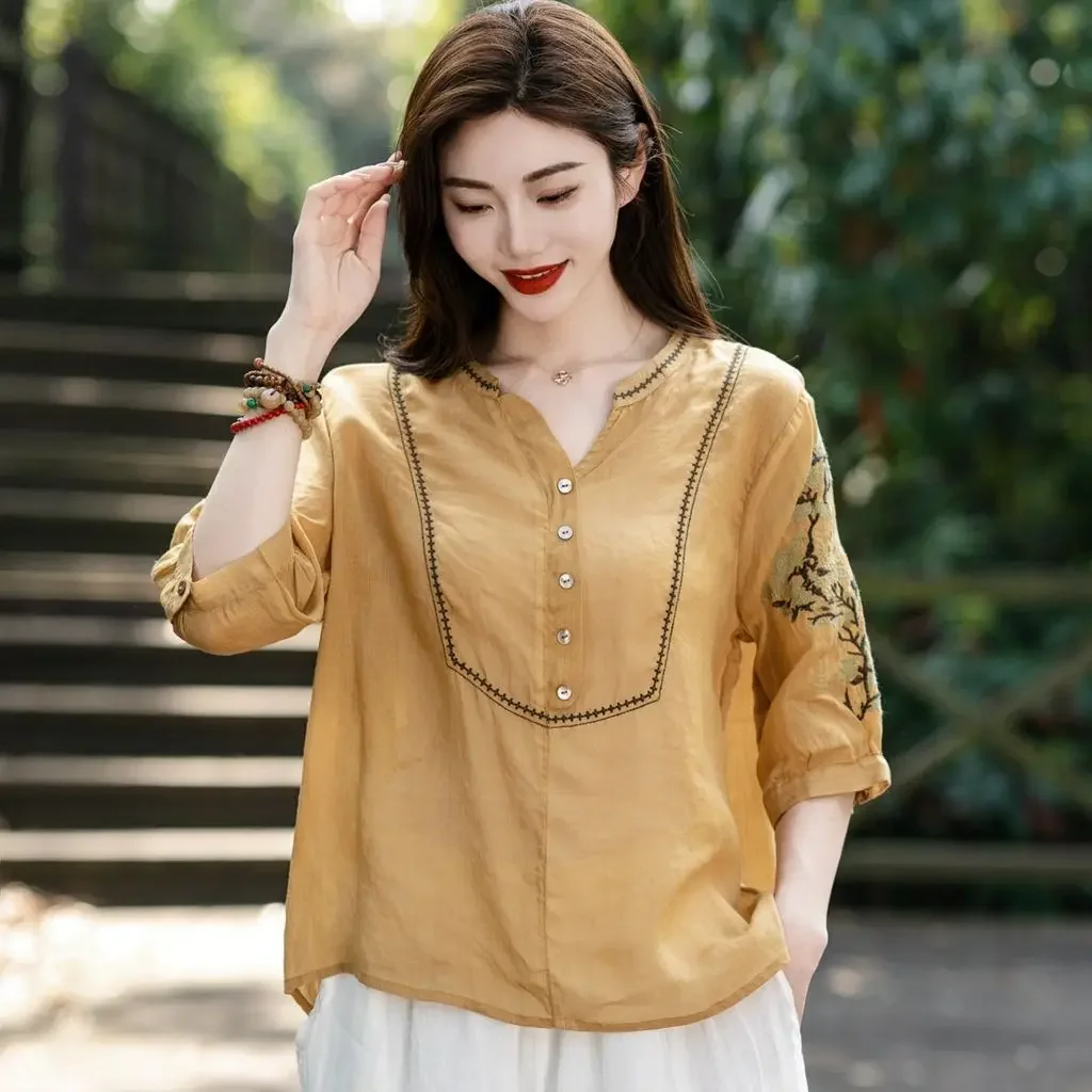 

2024 Women's Clothing Loose Vintage Fashion Casual Embroidery Solid Color Button Round Neck Dignified Summer Thin T-Shirts LU416