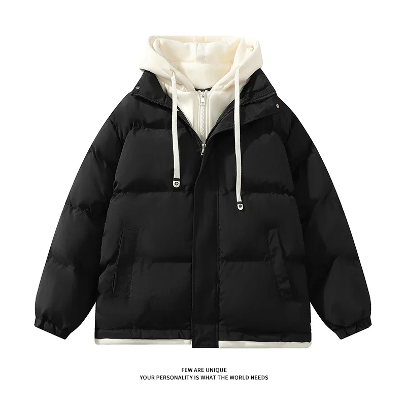 Winter Cotton Parkas New Men's Solid Color Couple Student Jacket Fake Two-piece Hooded Warm Bread Jacket Coat