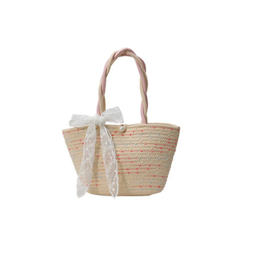 

Shoulder Bag Woven Tote Bag Korean Style Solid Color Pink Tote Handbag Lightweight Large Capacity Summer Beach Bag Storage