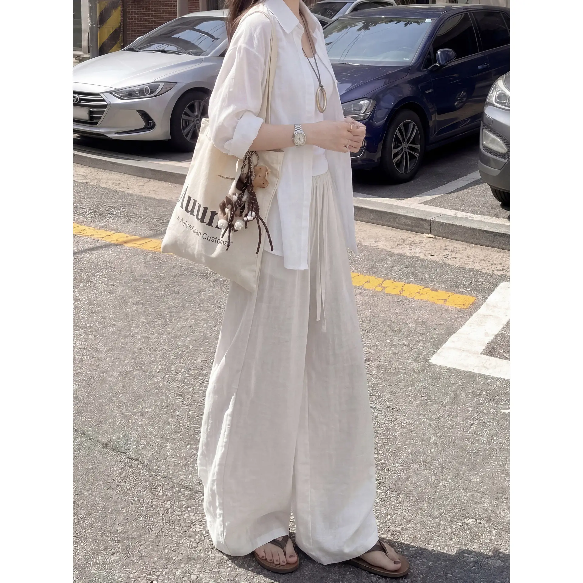Slimming Effectiveness Summer Thin Linen Wide Leg Pants Women's Drapey Elastic Waist Casual Trousers Korean Style Loose Fit