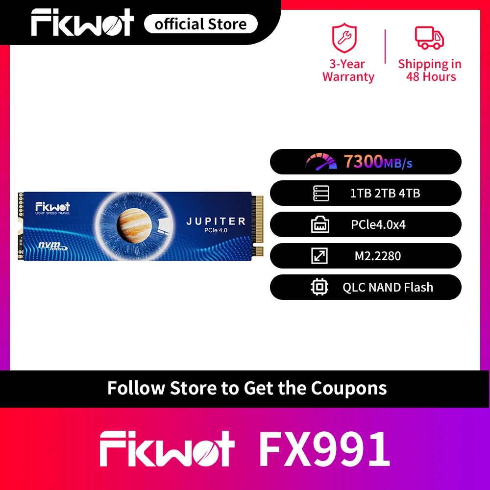 

Fikwot FX991 M.2 SSD 1 ТБ 2 ТБ 4 ТБ M2 2280 SSD PCIe4.0x4 7300 МБ/с 3D QLC NAND Внутренний твердотельный накопитель для PS5 Ноутбук Настольный ПК