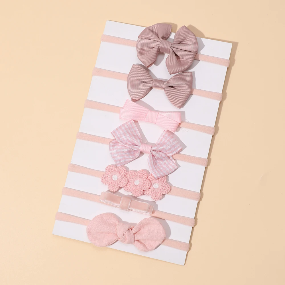 7Pcs/Set Pink Series Baby Headband Ribbon Bow Princess Nylon Hair Bands for Kids Girls Elastic Children\'s Hair Accessories