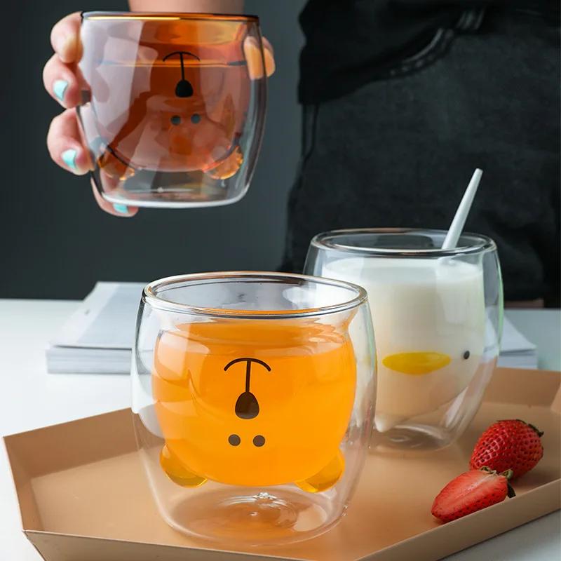 Creative Double Wall Glass Mug Bear Cat Dog Animal Insulated Glass Cup Milk Coffee Cup Juice Cup Birthday Party Christmas Gift