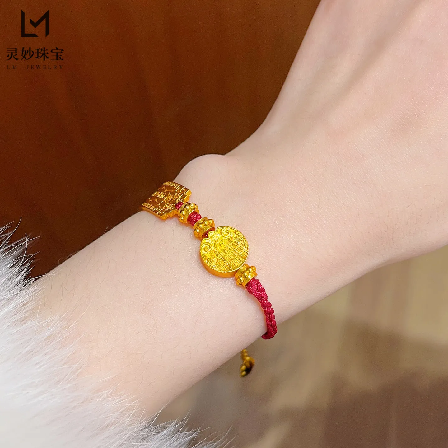 Five God of Wealth Braided Bracelet Women's 24K Gold AU999 - Gold braided bracelet, fortune blessing for dating occasions