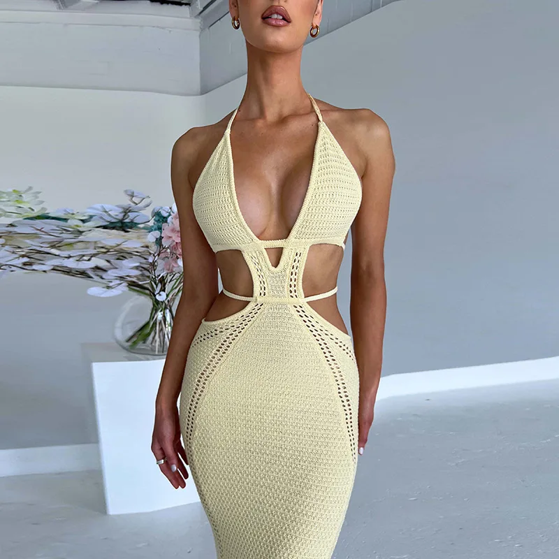 Sexy feminino halter vestidos profundo v recorte cintura sem mangas gravata sem costas oco para fora espartilho vestido de malha envoltório para verão praia
