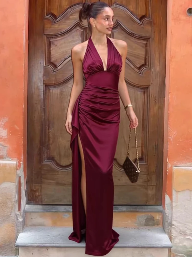 

Trendix Elegant Satin Maxi Dress Women's V Neck High Waist Sleeveless Long Dresses Party Sexy Backless Side Slit Evening Dress