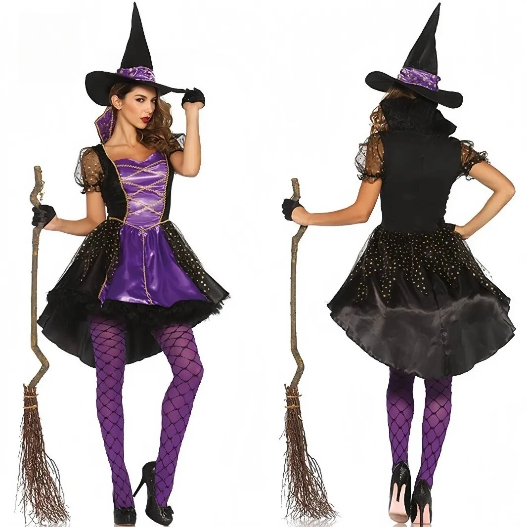 

Women Halloween Witch Costume Carnival Cosplay Dress with Pointed Hat Tuxedo Magic Sorceress Playsuit Cosplay Fancy Party Dress