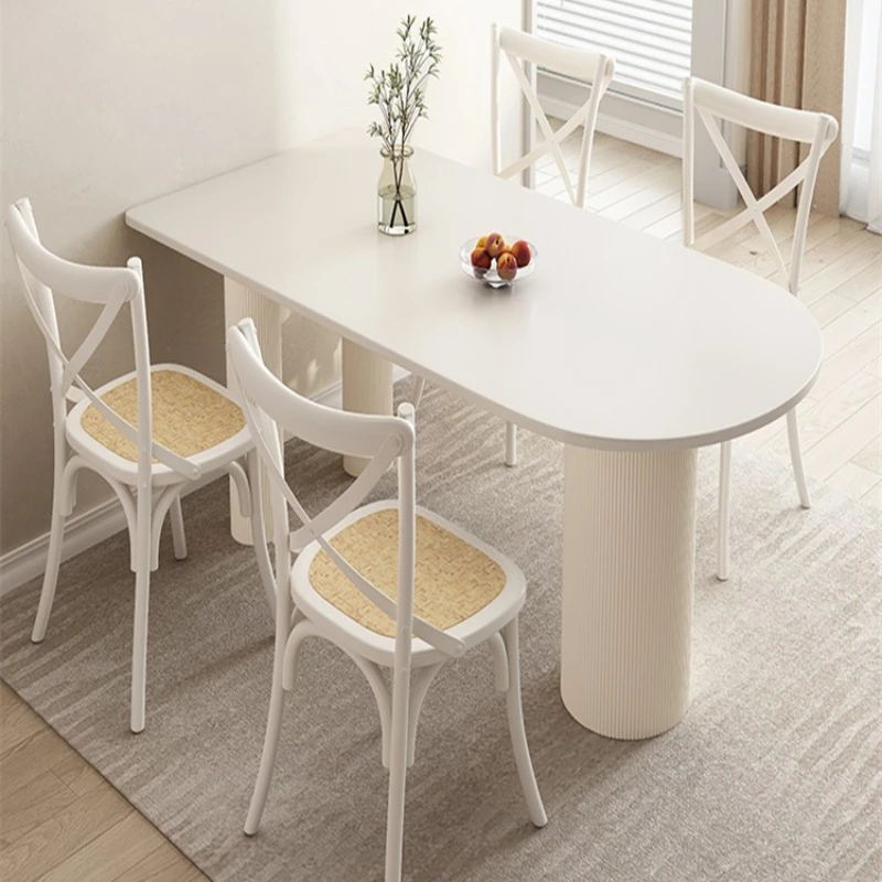 

Simple household small unit dining table with rock plate combination cream light luxury oval peninsula table