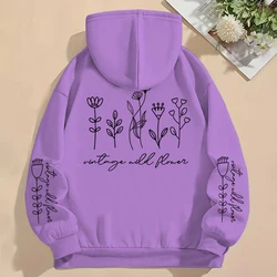 2024 New Vintage Wild Flower Hoodies Women's Artistic Writing Print Pullover Boho Plant Style Wild Flower Long Sleeve Sweatshirt