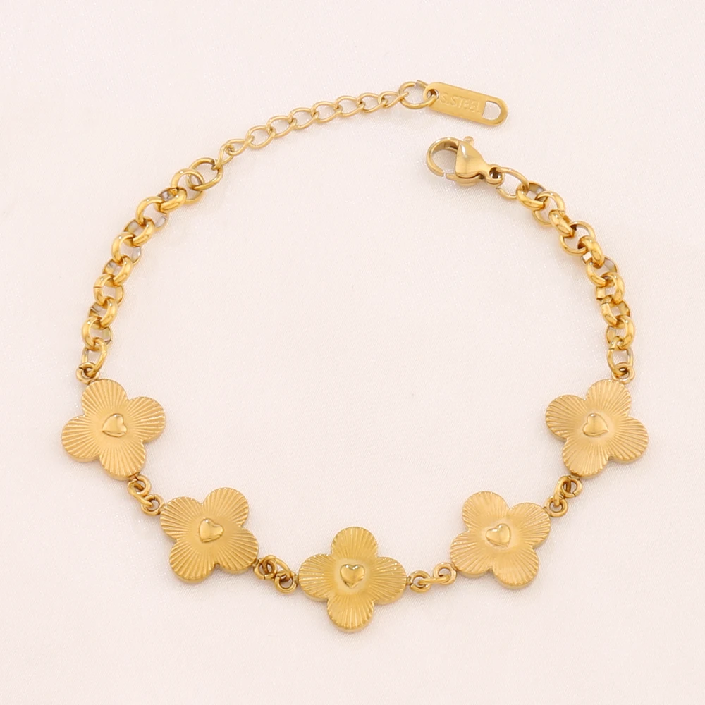 Pulsera con colgante de trébol de cuatro hojas de acero inoxidable 316L para mujer, pulseras de cadena con dijes de corazón chapados en oro de 18 quilates, joyería