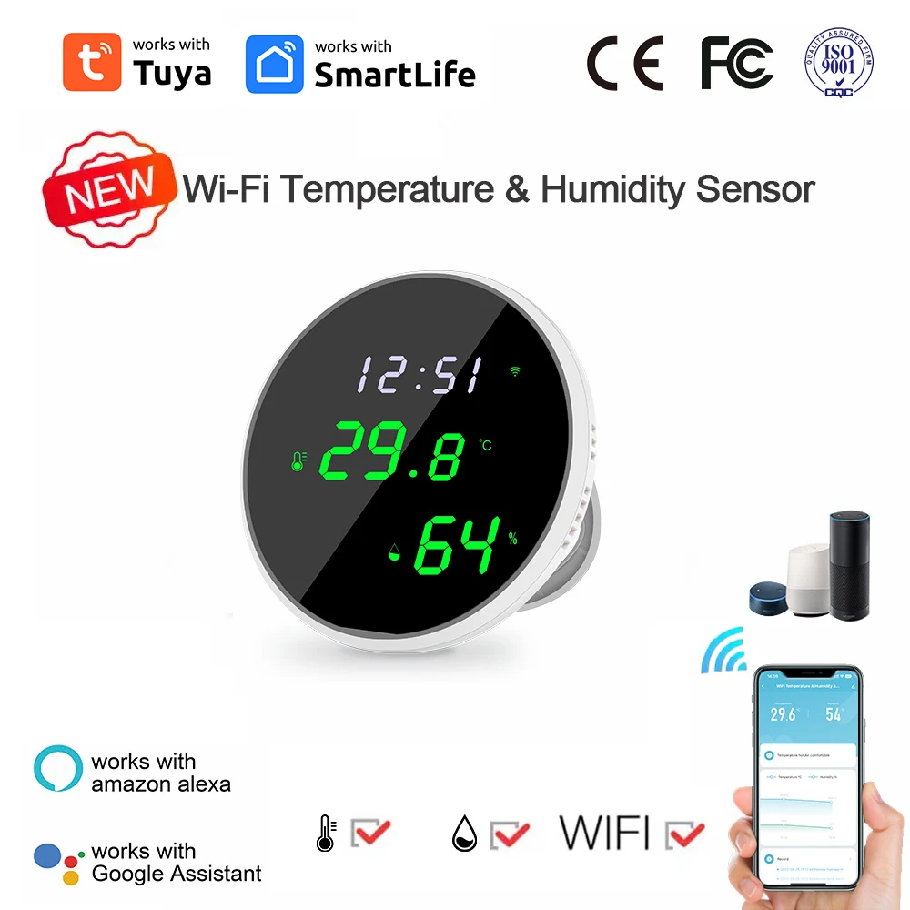 

Tuya WiFi Temperature Humidity Sensor Smart Indoor Hygrometer Thermometer With LED Display Backlight Support Google Home Alexa