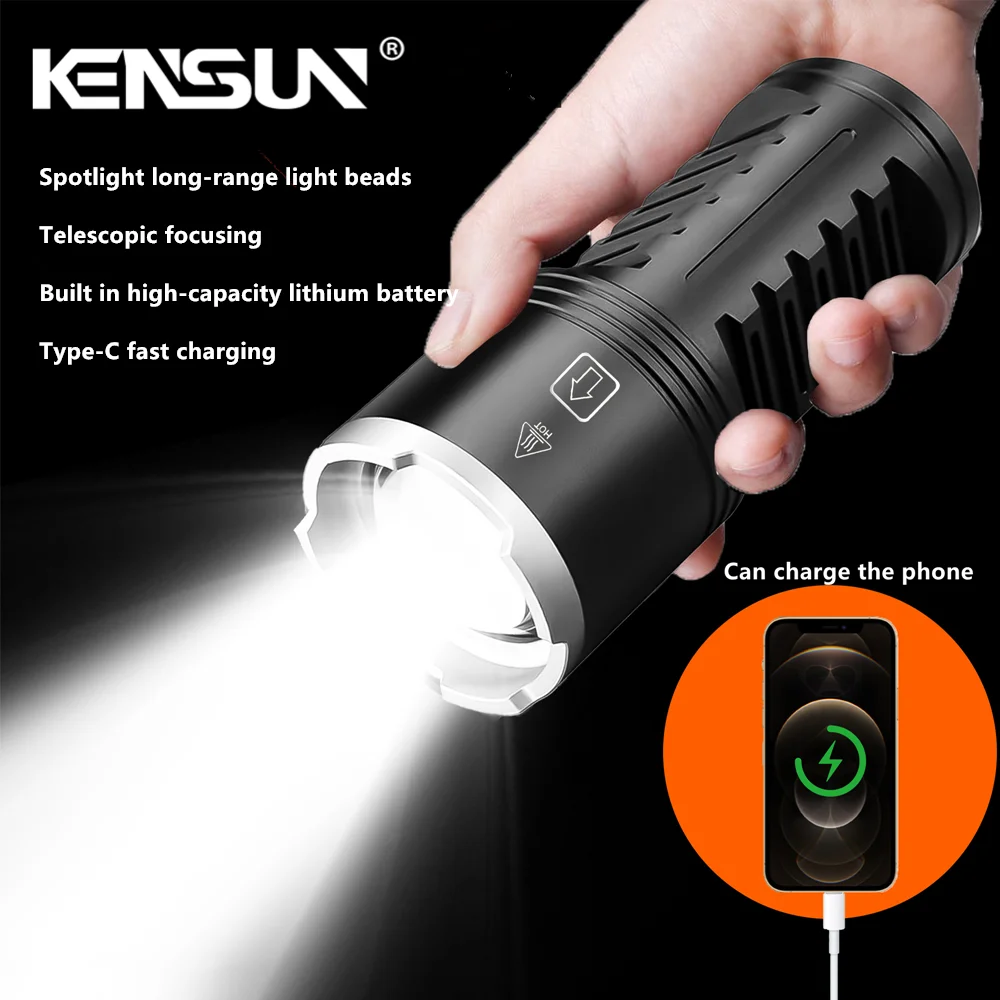 High Power LED Flashlight Type-C Rechargeable Output Zoom Aluminum Alloy Built in 6000mAh Battery Tactical Torch For Camping