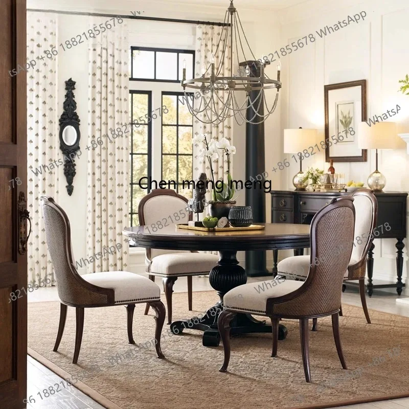 RH Rattan dining table and chair combination dark all solid wood stretchable household round dining table