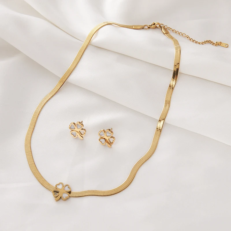

Lucky Butterfly Four Leaf Clover Flower Pendant Necklace Earrings for Women Flat Snake Chain 316L Stainless Steel Jewelry Set