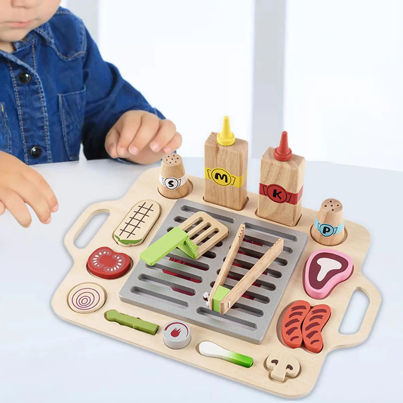 Wooden Kid BBQ Grilling Toys Role Play Early Learning Play Kitchen Accessories for Preschool Age 3 4 5 6 7 Kids Children Gifts