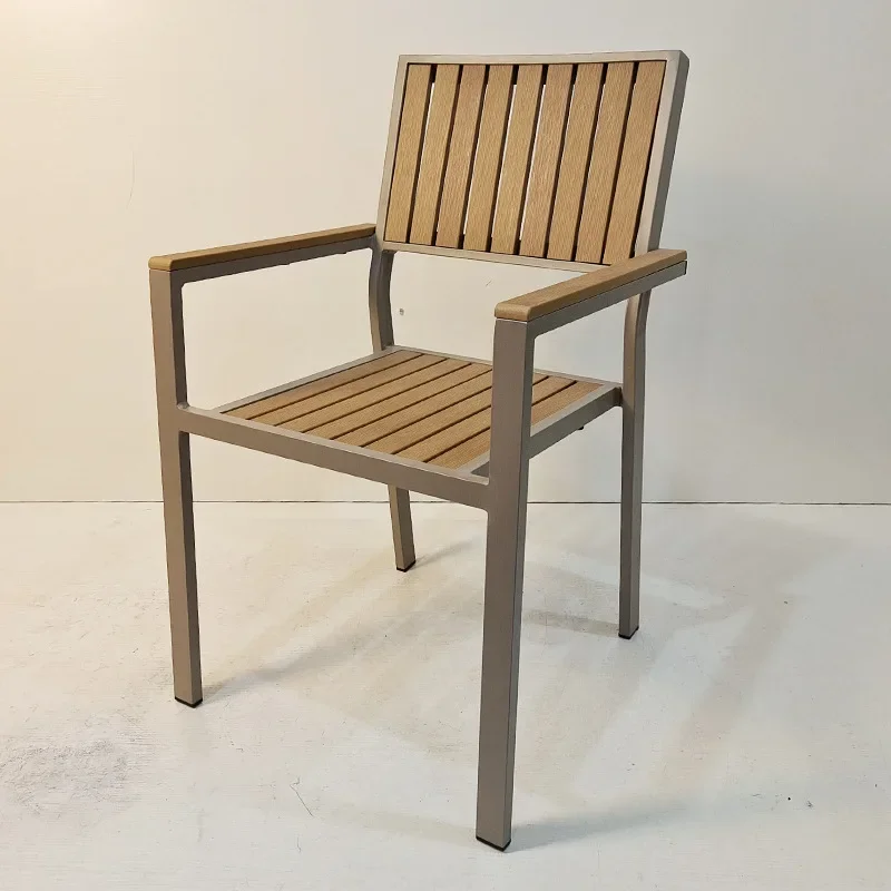 Waterproof and sunscreen plastic wood outdoor chair, open-air balcony garden restaurant with armrest dining chair
