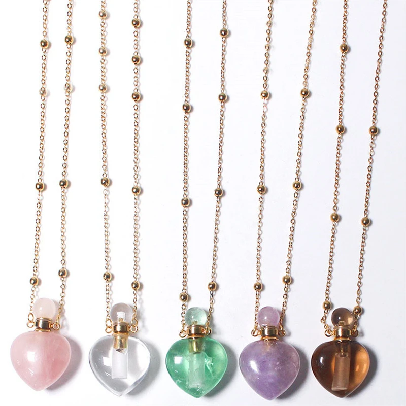 

Natural Pink Crystal/Amethyst/Green Fluorite Perfume Bottle Jewelry Pendant Necklace Women Stainless Steel Empty Bottle Necklace