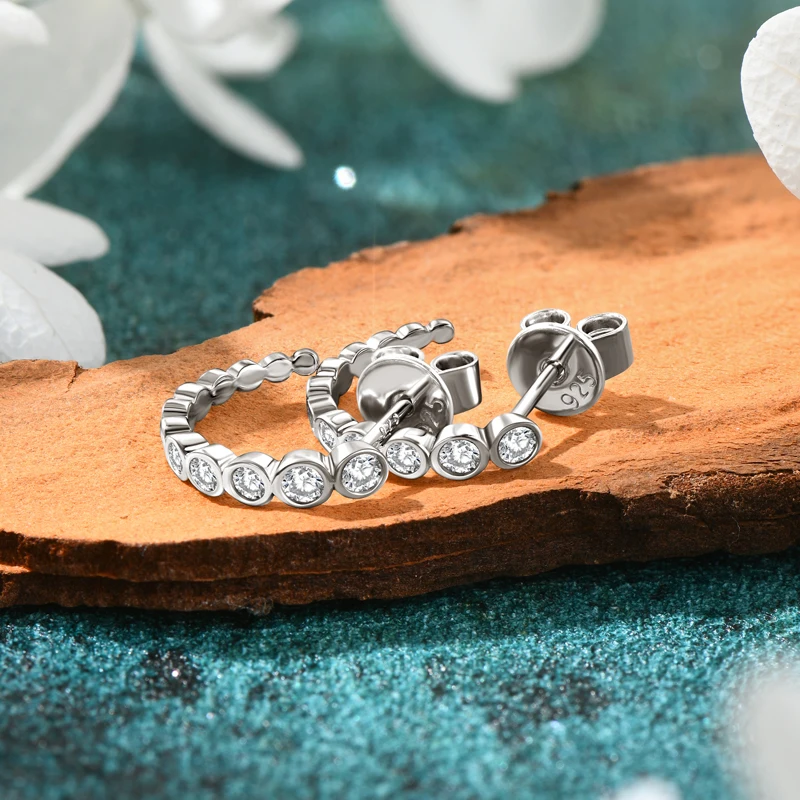 

RAPRGOLD All Round Cut Moissanite C-shaped Stud Earrings for Women 925 Sterling Silver Earring Daily Fine Jewelry Gift Pendients