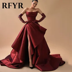 RFYR Satin Burgundy Evening Dress With Gloves Vestidos De Noche Pleat A-Line Princess Prom Gowns Fashion Celebrity Formal Party