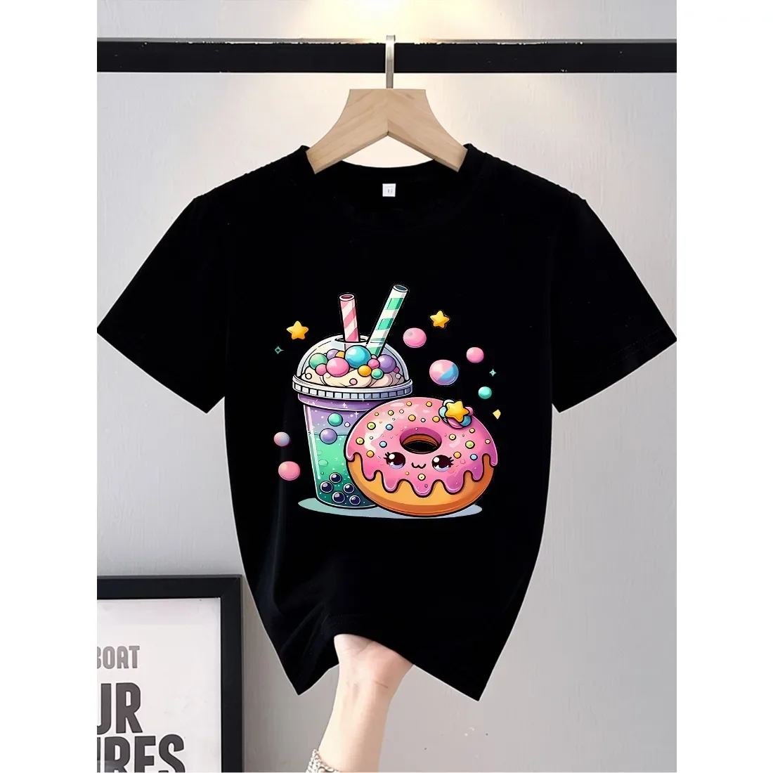 Children's T-shirt Soft Skin Friendly Breathable Loose Comfortable Casual Fashionable Cute Donut Milk Tea Short Sleeved